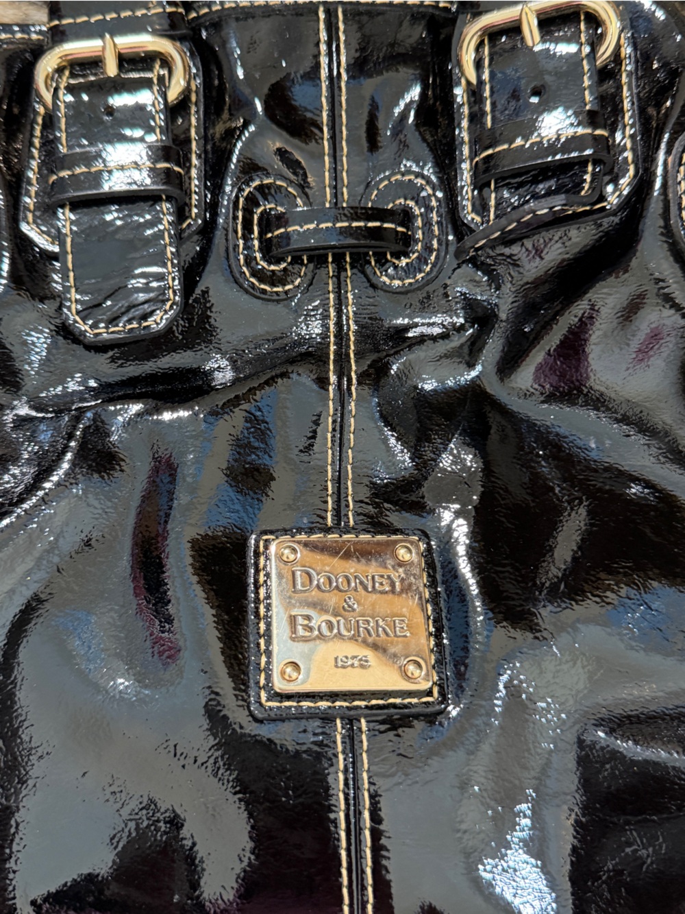 Dooney and Bourke Small Chiara Shoulder Bag Satchel Tote Black Patent Drawstring - Picture 5 of 12